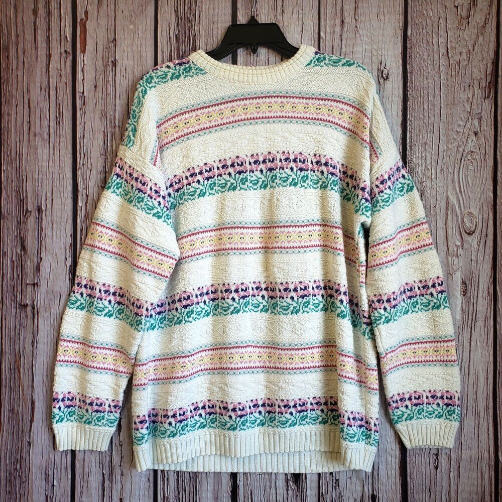 Vintage Boho International Sporting Club Sweater Large Fair Isle Unisex 80s Crew